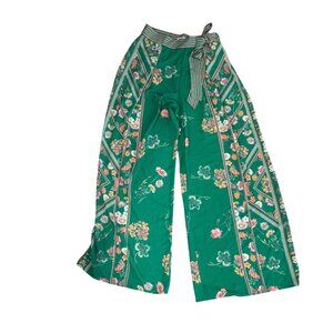 Floral Green Wide-Leg Pants With Wrap Tie Waist Medium Jealous Tomato